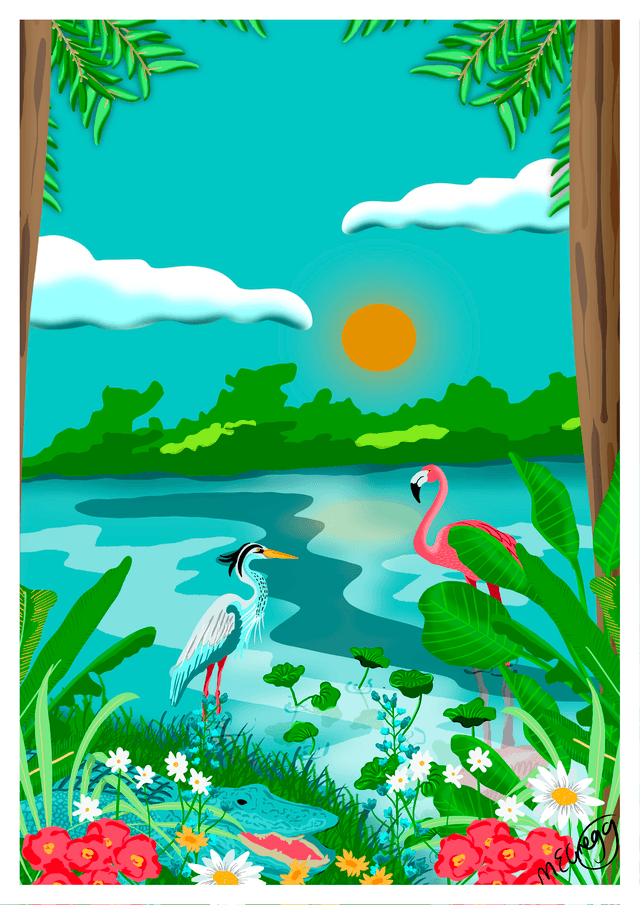 Florida Everglades Vibrant Art Print by Marie Gregg Illustrator