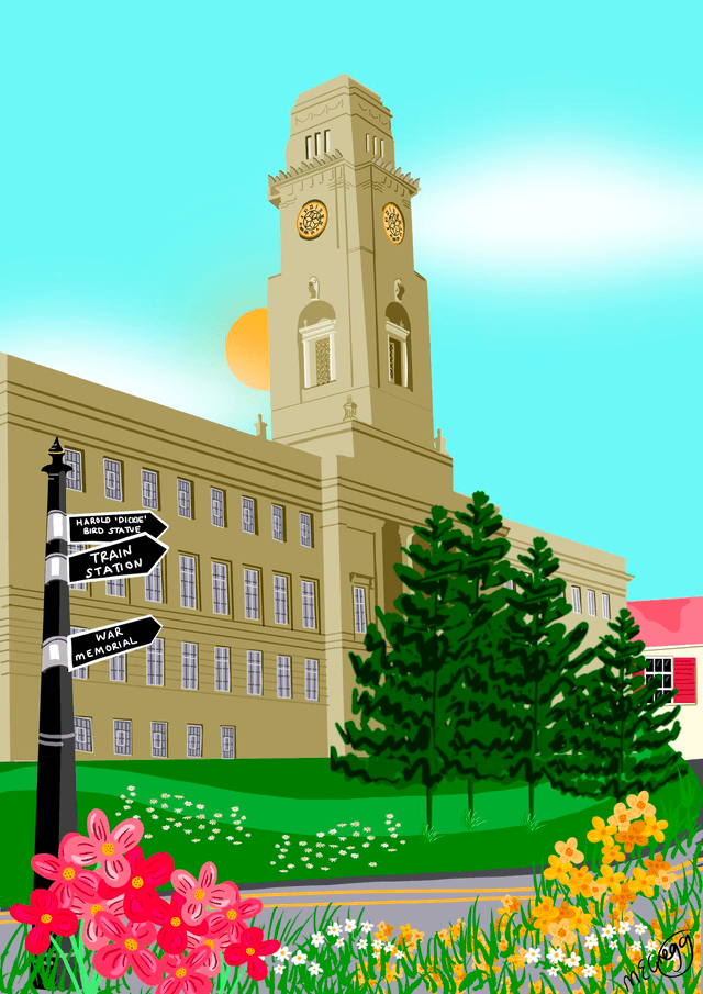 Town Hall, Barnsley Art Print - Colourful Illustration of the British Town Halls by UK Artist Marie Gregg